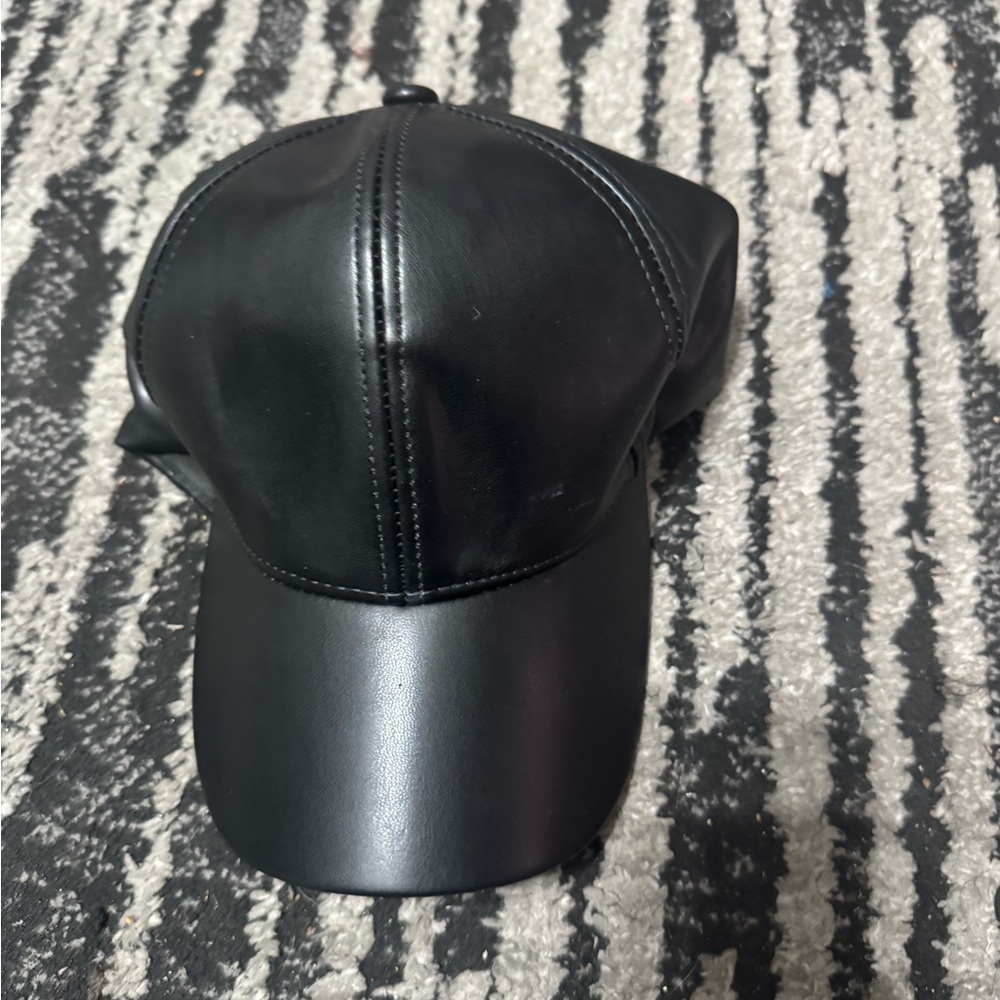 Black Faux Leather Baseball Cap